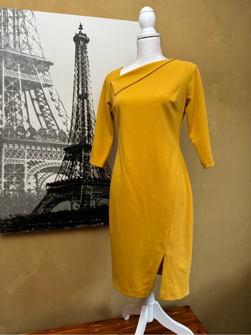 Calvin Klein Mustard Yellow Asymmetric Neck Midi Dress